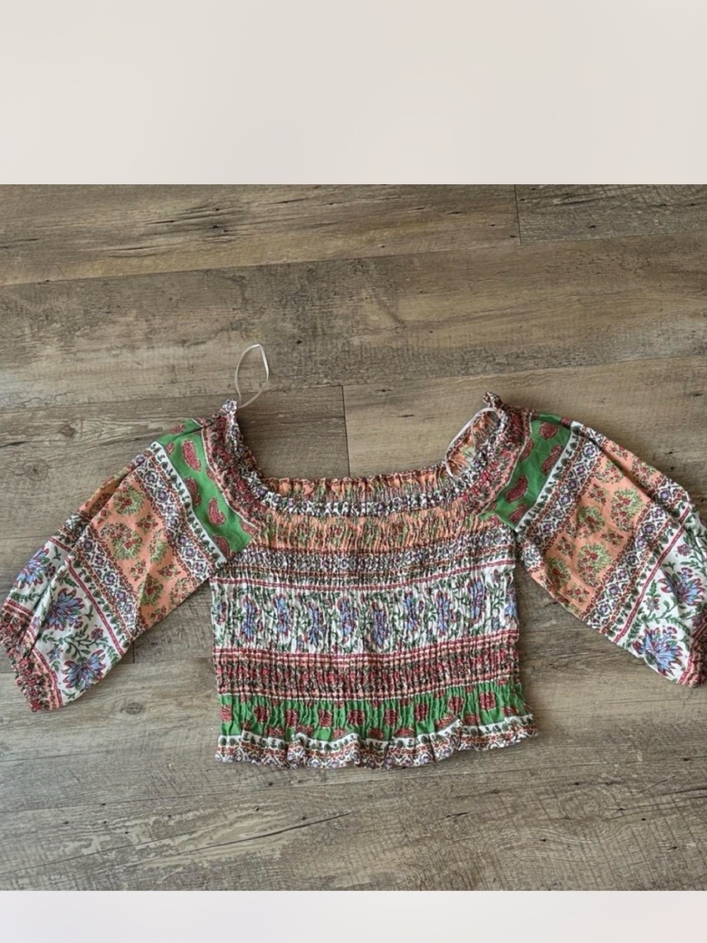 Zara Floral Smocked Off-Shoulder Crop Top in Green and Peach